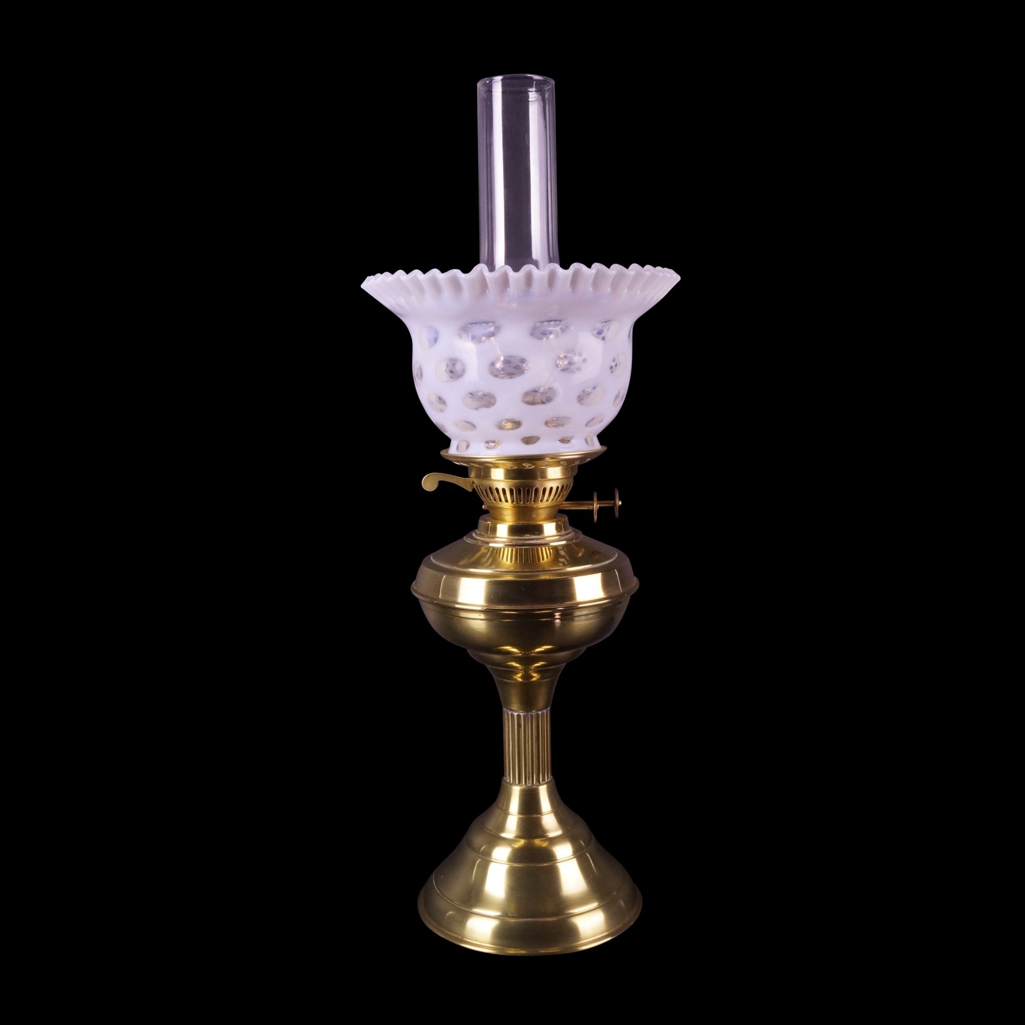 A Silvered Regency Style Oil Lamp with Kosmos Burner, Chimney, Gallery