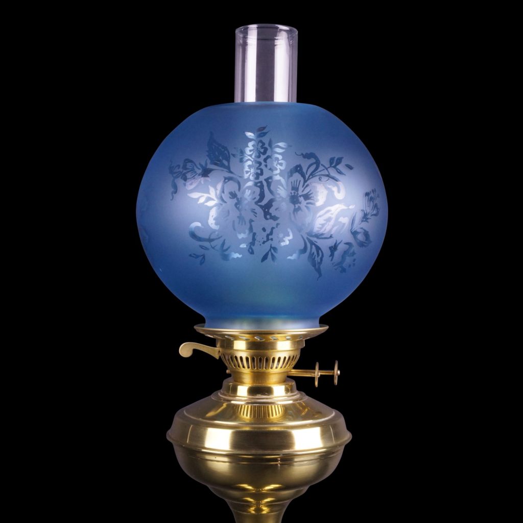 Blue globe oil lamp shade floral pattern Old Flames Ltd