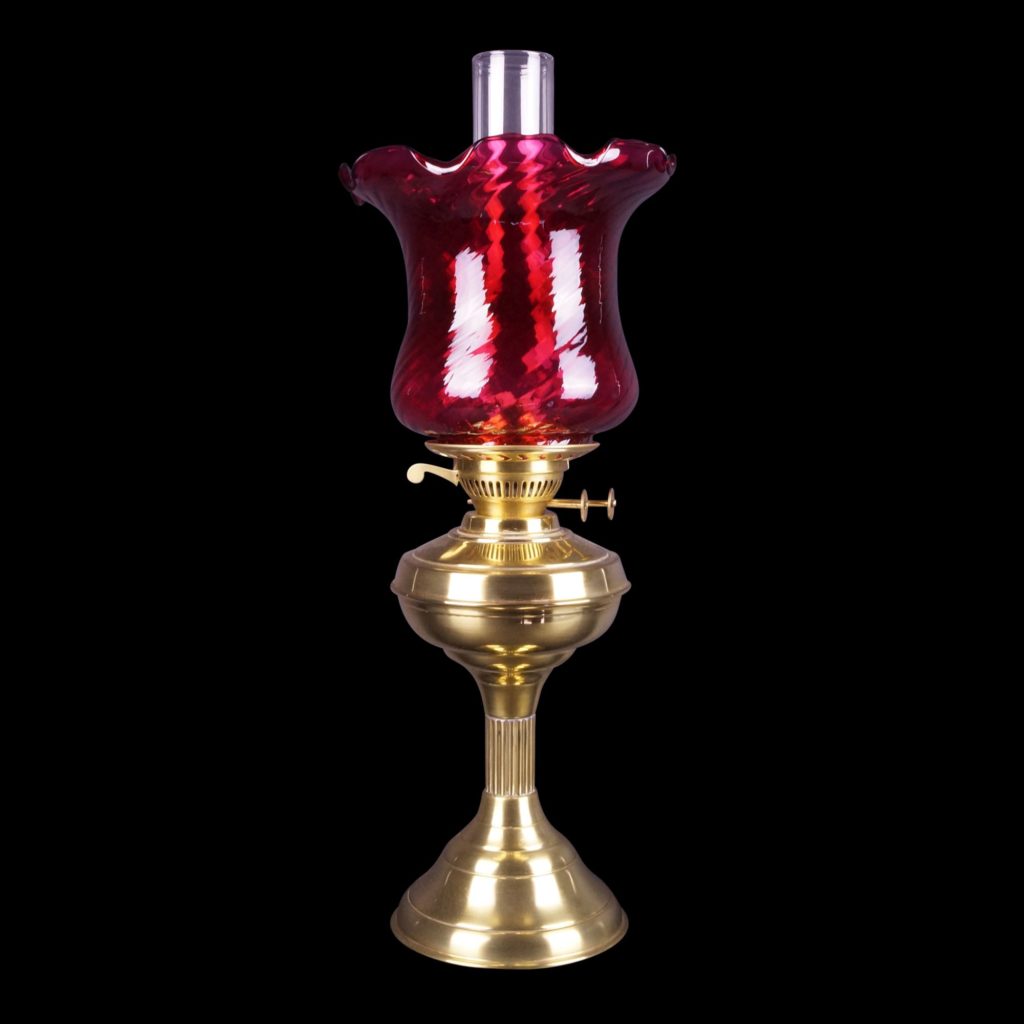 A Silvered Regency Style Oil Lamp with Kosmos Burner, Chimney, Gallery