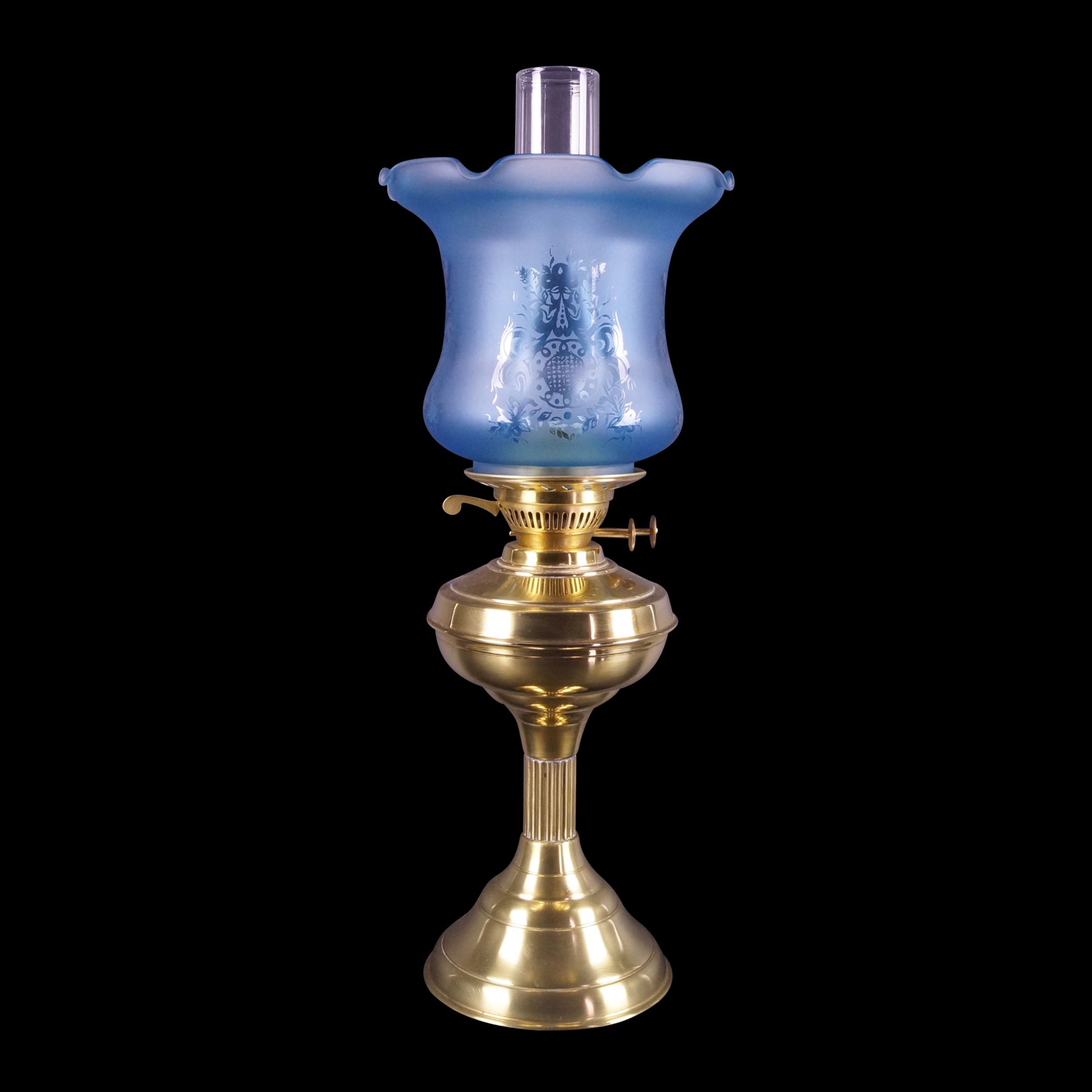 A Silvered Regency Style Oil Lamp with Kosmos Burner, Chimney, Gallery
