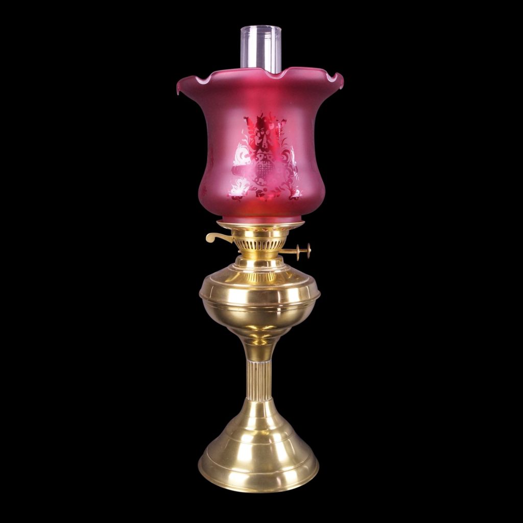 A Silvered Regency Style Oil Lamp with Kosmos Burner, Chimney, Gallery