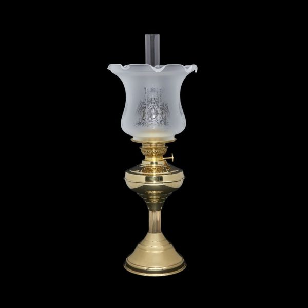 Clear Etched Pattern Tulip oil lamp shade on a brass Regency style table lamp with chimney