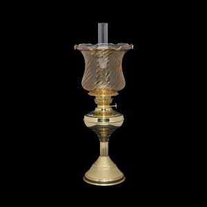 Cognac Swirl Line Optic Tulip oil lamp shade on a brass Regency style table lamp with chimney