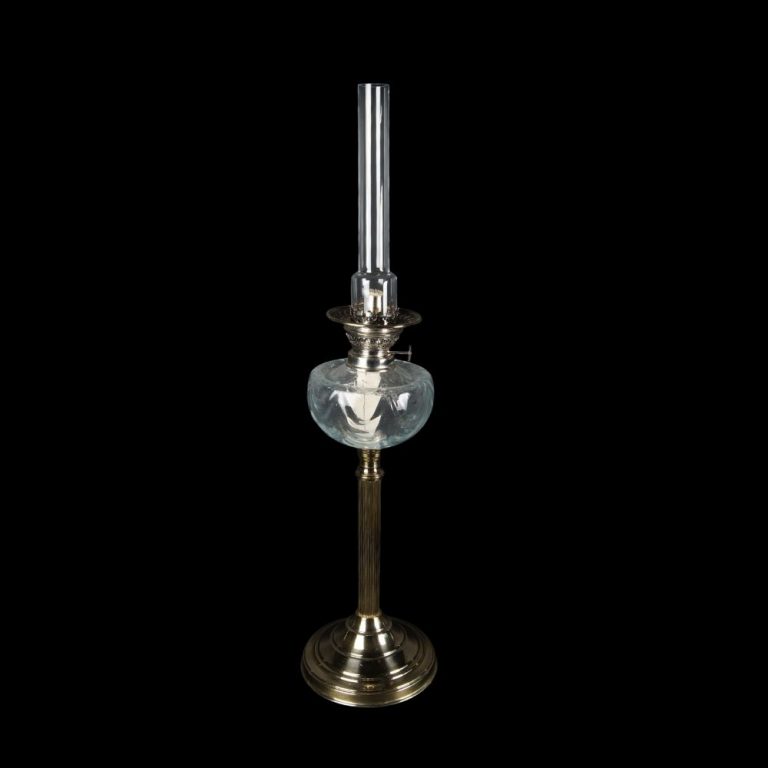 A Silvered Regency Style Oil Lamp with Kosmos Burner, Chimney & Gallery