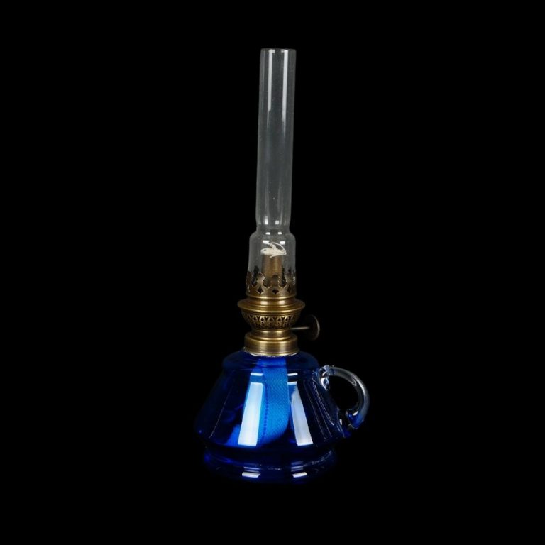 A Blue Glass Hand Oil Lamp with Kosmos Burner & Chimney Old Flames Ltd