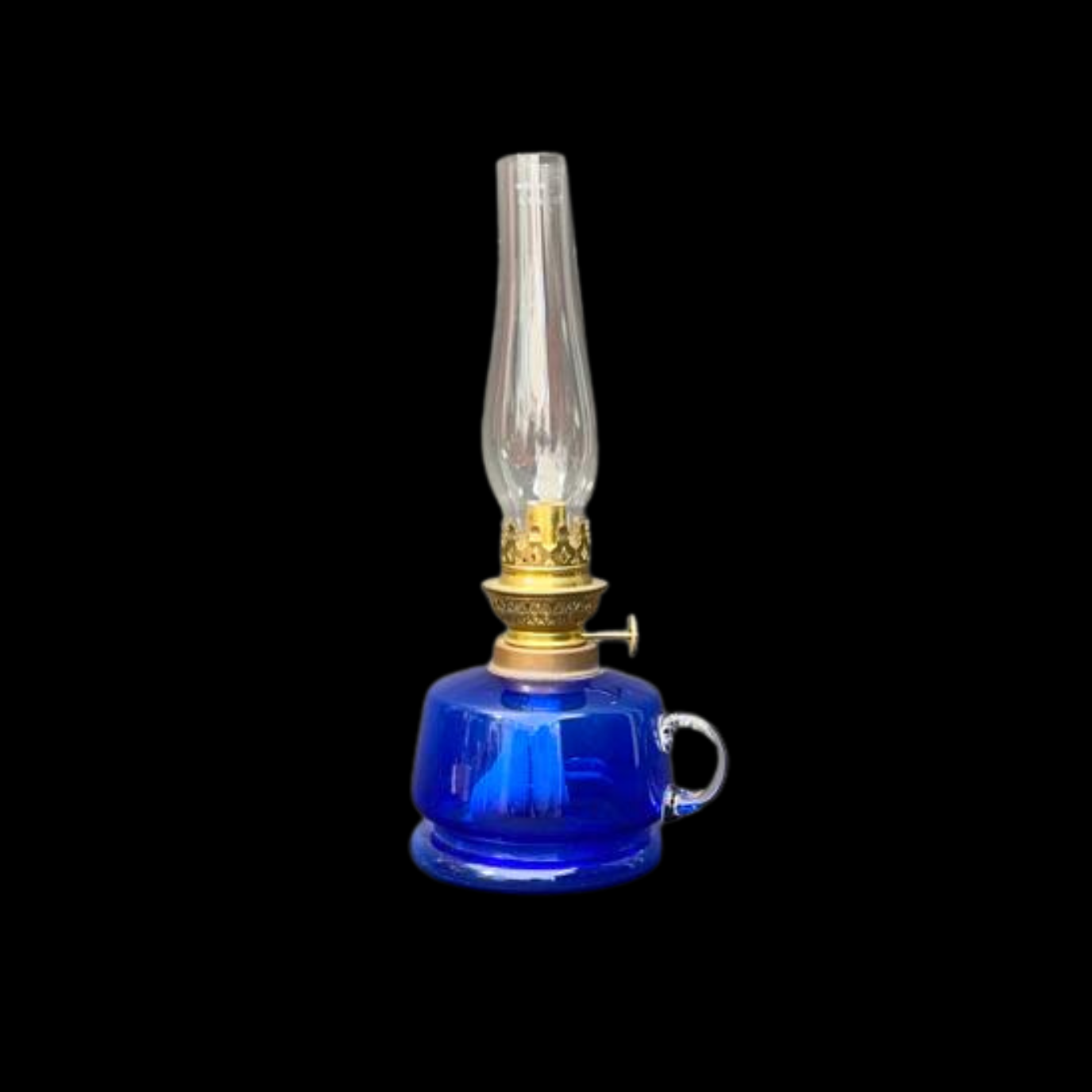 A blue glass hand oil lamp with Kosmos burner and chimney