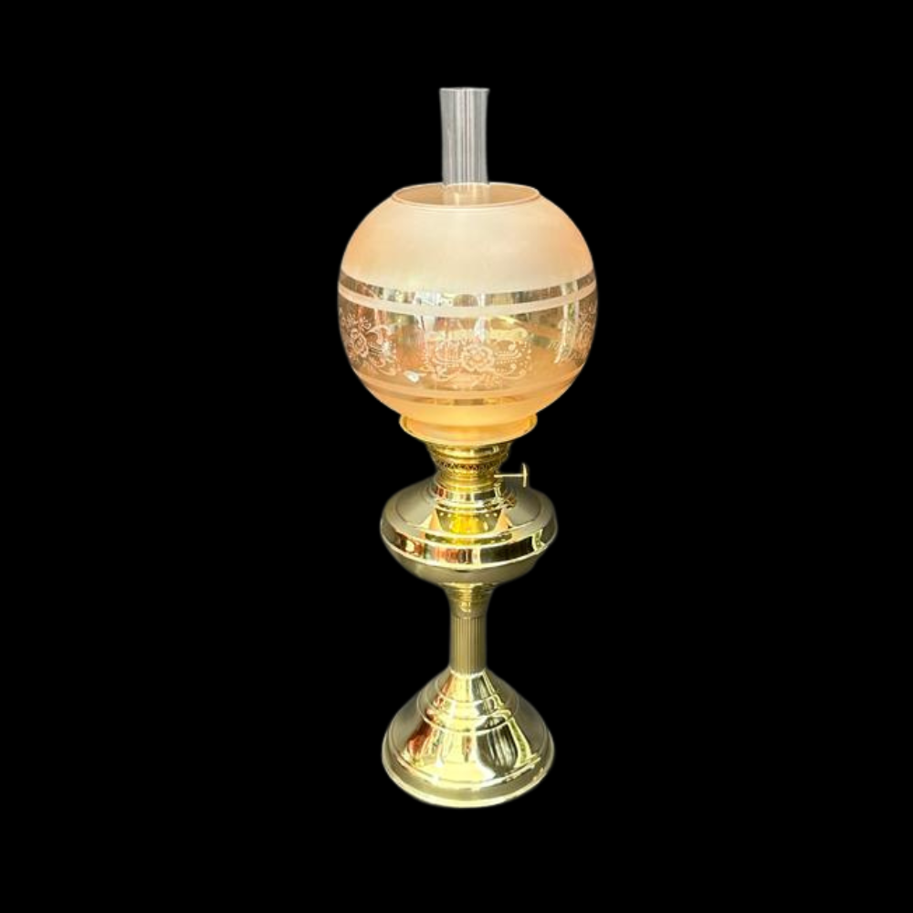 A brass Regency style oil lamp base with Kosmos burner and chimney and